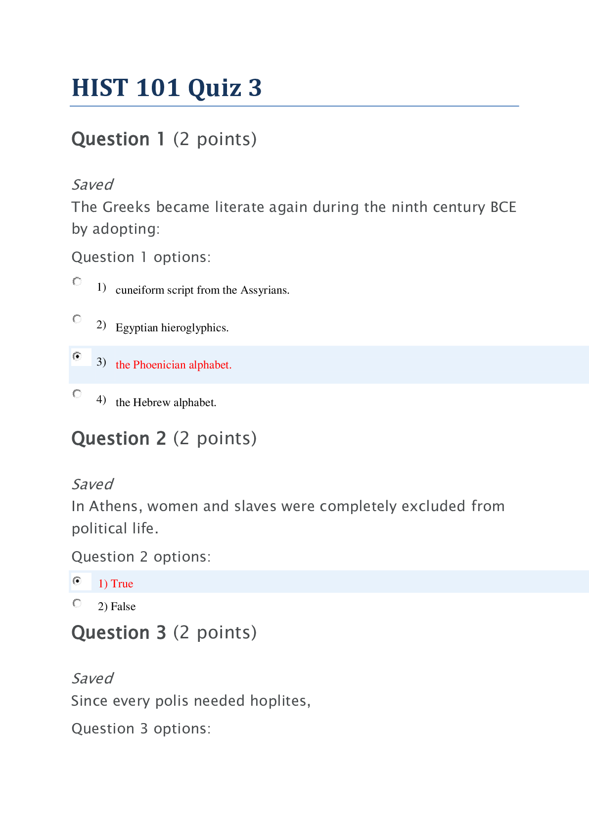 Preview image of HIST 101 Quiz 3. Scored 100%. document
